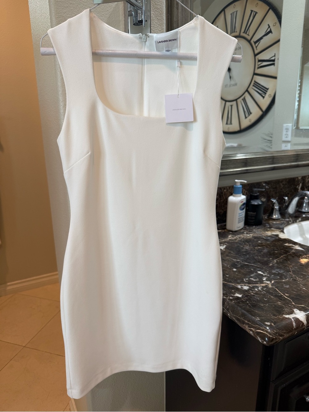 NWT Lavender Brown Ivory Square-Neck Sheath Dress
